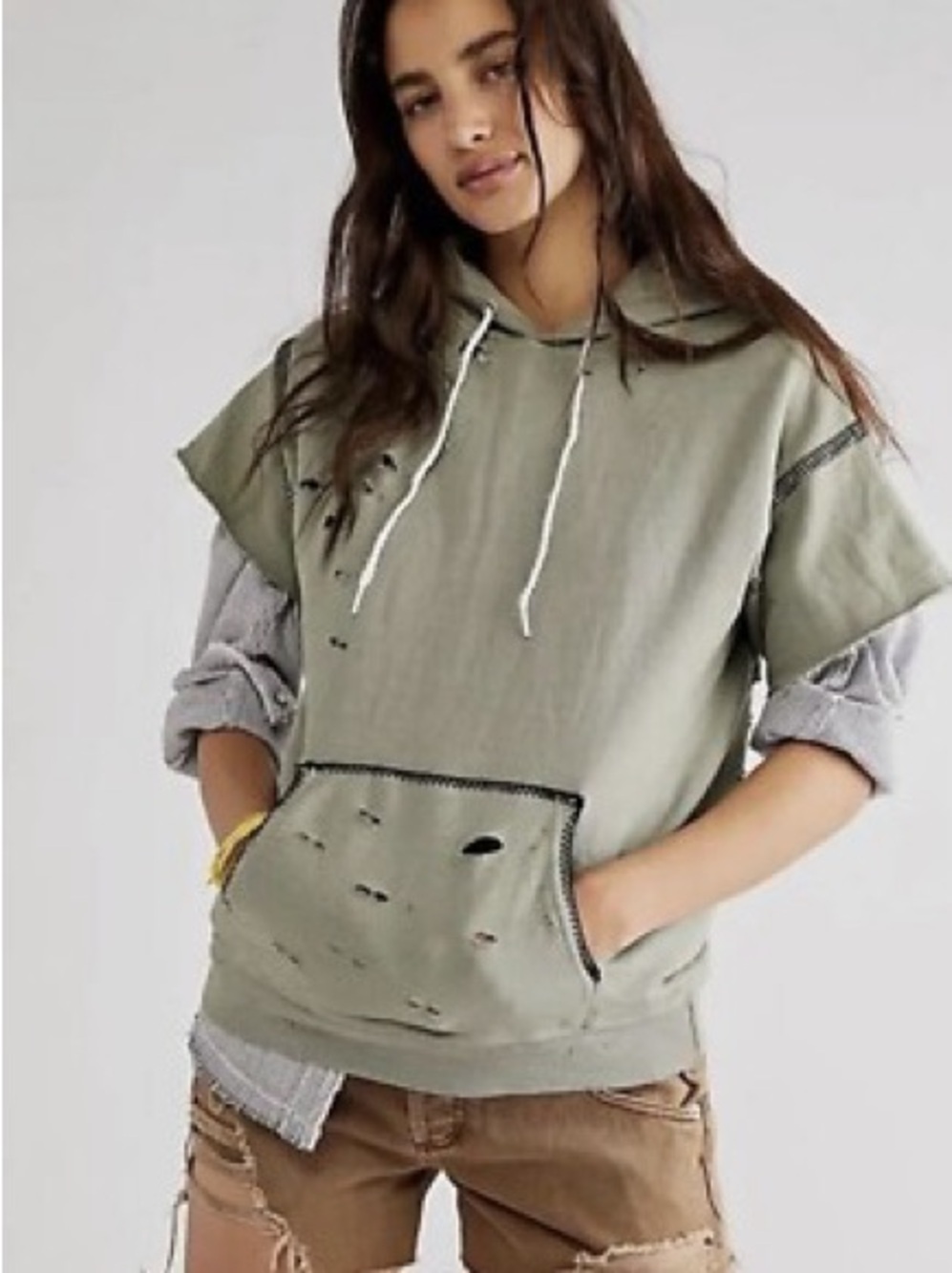 Free People x Tricia Fix Green Short-sleeve Hoodie Distressed Holes Black Stitch